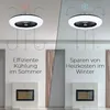 A split image showing a ceiling fan light in two different modes: cooling in summer and heating in winter. Produktbild-Vorschau