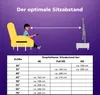 An illustration showing a person sitting in a chair watching a TV, with a table next to them. Below the illustration is a table detailing recommended viewing distances for different TV sizes and resolutions. Produktbild-Vorschau