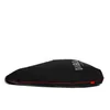 A black beanbag chair with red piping and white text on a white background. Voir les images du produit