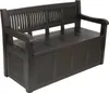 A dark brown plastic garden bench with storage is shown against a white background. Produktbild-Vorschau
