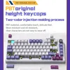 A close-up view of a mechanical keyboard with various colored keycaps, set against a white and light gray background. Text overlays describe the product's features and materials. Produktbild-Vorschau