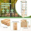 A collage of images showcasing a wooden climbing wall and its features, set against a backdrop of trees. Produktbild-Vorschau