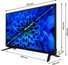 A black television with a blue floral screen displayed, with dimensions and measurements indicated by lines and text. Produktbild-Vorschau