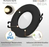 A black circular LED ceiling spotlight with various feature callouts. Produktbild-Vorschau