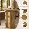 A bar table with a wooden finish, shown in a domestic setting with a window and curtains in the background. Callout graphics highlight product features. Produktbild-Vorschau