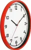 A wall clock with a red frame and a white face. Voir les images du produit