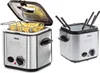 A collage of two kitchen appliances: a deep fryer filled with french fries and a fondue pot with fondue forks. Produktbild-Vorschau