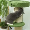 A cat is scratching a cat tree with green platforms and a tan sisal-wrapped post. There are also plants in the background. Produktbild-Vorschau