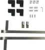 A collection of hardware components for a garden gate, including corner brackets, hinges, and metal strips, laid out on a white background. Produktbild-Vorschau