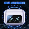 A close-up of a white earbud charging case with a digital display showing a cartoon face, set against a dark, abstract background with blue glowing accents. Produktbild-Vorschau