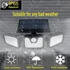 A solar-powered outdoor light with multiple LED panels, mounted on a brick wall with simulated rain and snow effects. Produktbild-Vorschau