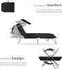 A product image showcasing a foldable sun lounger with descriptive text and diagrams illustrating its features and benefits. Náhled obrázku produktu