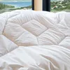 A close-up view of a white comforter with a diamond-stitched pattern, set against a blurred background of a window overlooking a body of water and houses. Produktbild-Vorschau