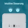 A close-up of a white dehumidifier with a digital display and control buttons, set against a teal background with marketing text and icons. Produktbild-Vorschau