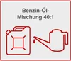 An illustration showing a jerrycan and a watering can with a drop of liquid, accompanied by text indicating a fuel mixture ratio. Produktbild-Vorschau