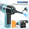 A close-up of a teal and black handheld device with a nozzle emitting blue air, accompanied by inset images showing its use. Produktbild-Vorschau
