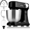 A black stand mixer with a stainless steel bowl and various attachments, displayed on a white background. Produktbild-Vorschau