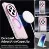 A collage of images showing a pink phone case with magnetic charging capabilities and a charging wallet. Produktbild-Vorschau