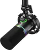 A black Maono PD200X podcast microphone is shown suspended from a stand against a white background. The microphone has a foam windscreen and features a ring of colorful LED lights around its body, as well as a green illuminated control knob. Produktbild-Vorschau