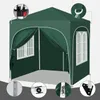 A green gazebo tent with white trim and arched windows, shown from a front-diagonal angle. Several close-up insets highlight construction details like connectors, zippers, and mounting brackets. Produktbild-Vorschau