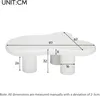 A diagram showing the dimensions of a white, irregularly shaped coffee table. Produktbild-Vorschau