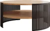 A round coffee table with two wooden shelves and a black metal slatted base. Náhled obrázku produktu
