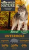 A wolf stands in a forest setting, with text overlays advertising dog food. Produktbild-Vorschau