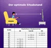 An illustration showing a person sitting in a chair watching a TV, with a table next to them. Below the illustration is a table with recommended viewing distances for different TV sizes and resolutions. Produktbild-Vorschau