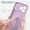 A hand is touching a purple phone case, with cotton-like material in the background. Produktbild-Vorschau