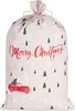 A large, beige Christmas sack with a pattern of green and white Christmas trees and a red truck carrying a Christmas tree. The words "Merry Christmas" are written in red script across the front. Podgląd zdjęcia produktu