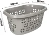 A grey plastic laundry basket with dimensions indicated by text overlays. Voir les images du produit