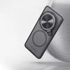 A dark, translucent phone case with a magnetic ring attachment is shown against a light, abstract background. Produktbild-Vorschau