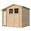 A wooden garden shed with double doors and windows, set against a white background. Náhľad obrázku produktu