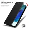 A black phone case is shown partially open, revealing a phone screen. Text describes the magnetic closure feature. Anteprima dell’immagine prodotto