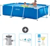 A collage showing an Intex rectangular frame pool with people in it, and then three smaller images showing a filter pump, a cleaning kit, and test strips. Produktbild-Vorschau