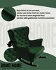 A green armchair with a text overlay describing its material and a logo at the bottom. Náhľad obrázku produktu
