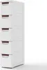 A white plastic narrow storage cabinet with five drawers and brown handles, shown against a white background. Produktbild-Vorschau