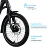 Close-up of the front wheel and fork of an electric bicycle, with feature callouts. Produktbild-Vorschau