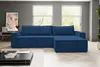 A blue sectional sofa is shown in a modern living room with large windows. Produktbild-Vorschau