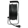 A black extension cord wound around a metal reel with a black handle, shown against a white background. Produktbild-Vorschau