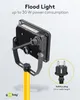 A flood light is shown mounted on a yellow stand, with a close-up of its safety plug. Voir les images du produit