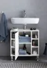 A white bathroom vanity cabinet with a sink and faucet above it, against a gray wall. Náhled obrázku produktu