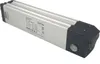 A silver and gray battery pack for an e-bike, shown from a slightly elevated side angle against a white background. Produktbild-Vorschau
