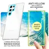 A clear phone case is shown on a Samsung Galaxy S23 Ultra, with text highlighting its features. Another phone case is shown from the back. Produktbild-Vorschau