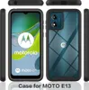 A collage showing a phone case for the Moto E13 from multiple angles, including the front, back, and sides, with a promotional text at the bottom. Produktbild-Vorschau
