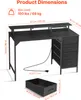 A diagram showing the dimensions of a black desk with drawers and a monitor stand. Podgląd zdjęcia produktu