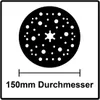 A black circular sanding disc with white dots and a central starburst pattern is shown against a white background. A horizontal line with vertical tick marks indicates a measurement below the disc, with text stating '150mm Durchmesser'. Anteprima dell’immagine prodotto