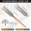 Two Japanese pull saws are shown with dimensions and thickness indicated. The saws have wooden handles and metal blades. Náhled obrázku produktu