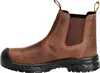 A side view of a brown and black work boot against a white background. Voir les images du produit