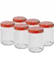 Six clear glass jars with red lids decorated with strawberries, arranged in two rows on a white background. Voir les images du produit